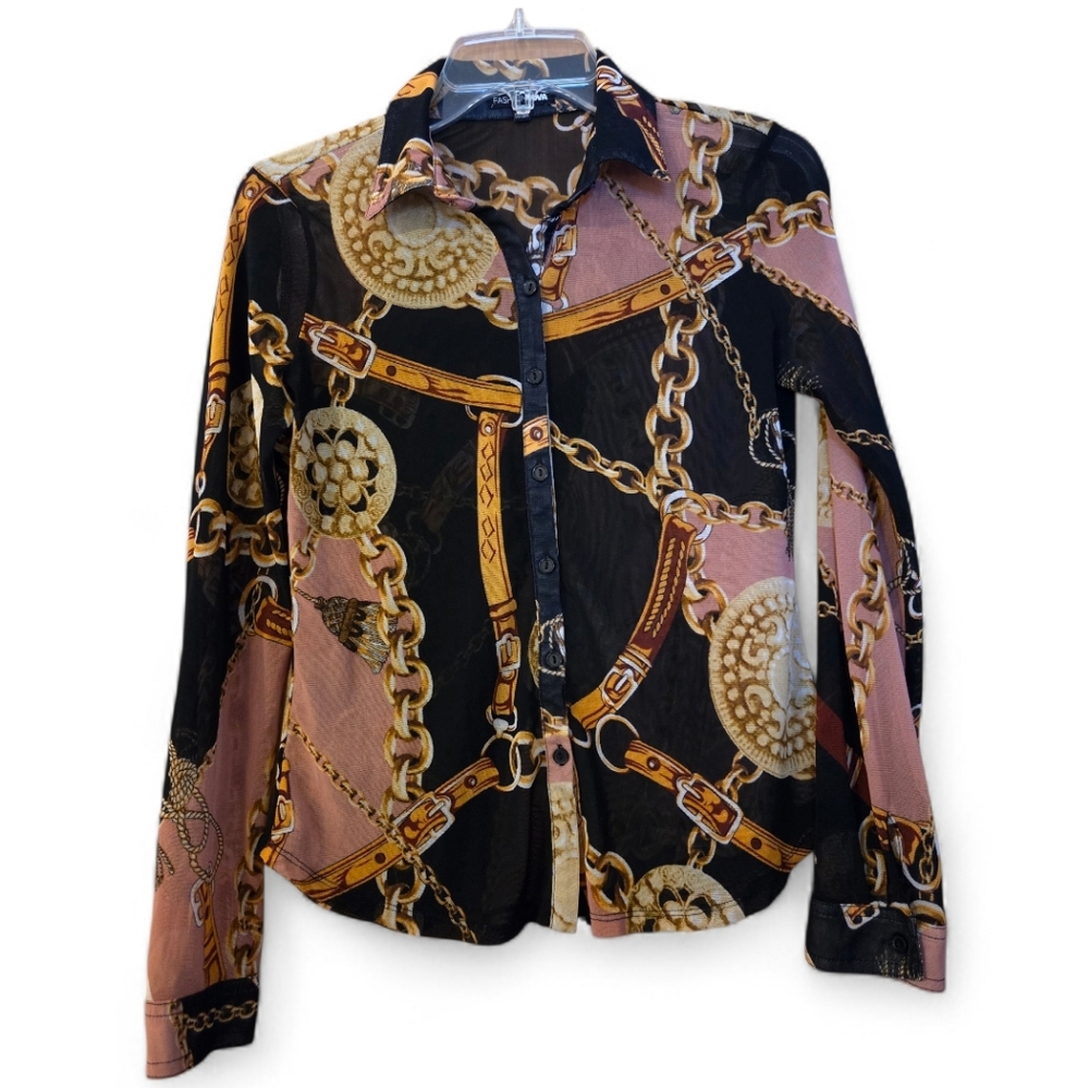 Mesh Button Down Shirt Black Gold Y2K 90's Artsy Chain Eclectic Size Medium